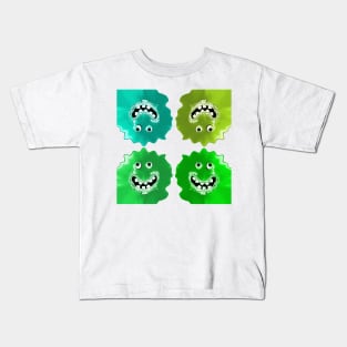 Goofy Green Jelly Monster Emoji Pixel Smiling Face Kids T-Shirt